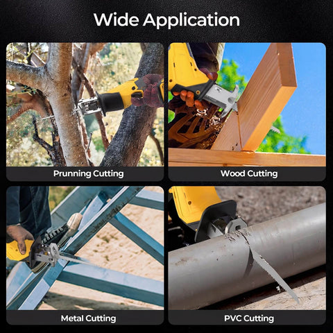 Cordless Reciprocating Saw With Brushless Motor Compatible With 20V Max Batteries No Battery Included Sawzall For Wood Metal PVC Cutting 4 Blades Included Powerful Yet Lightweight For DIY Enthusiasts demonstrating pruning, wood, metal, and PVC cutting applications