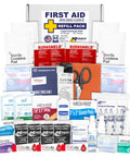 ANSI 2021 Class B First Aid Kit Refill Pack with 160 pieces, including Medifirst bandages, burn gel packets, and safety supplies.