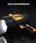 Rechargeable Spotlight 2,000,000 Lumens, Crazy Bright LED Flashlight For Outdoor Adventures, showing IPX6 waterproof feature in rain