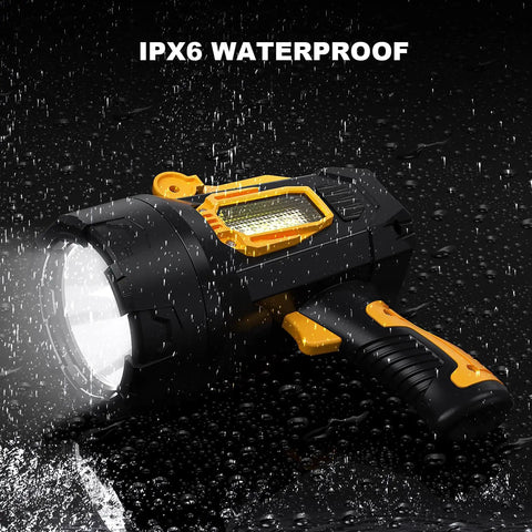Rechargeable Spotlight 2,000,000 Lumens, Crazy Bright LED Flashlight For Outdoor Adventures, showing IPX6 waterproof feature in rain