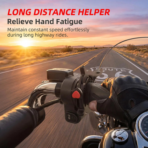 Solid Motorcycle Throttle Cruise Control Lock With Adjustable Abs Mount For 1 2 To 1 5 Inch Tubes Universal Fit in use on a motorcycle.