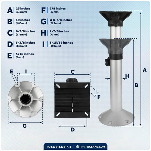 Five Oceans adjustable boat seat pedestal and slide kit; marine-grade aluminum, 19–25 in height, locking slide.