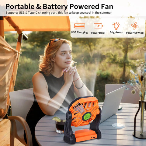 Portable USB Camping Fan With 20000mAh Battery Cordless Rechargeable Personal Fan With LED Light on outdoor table