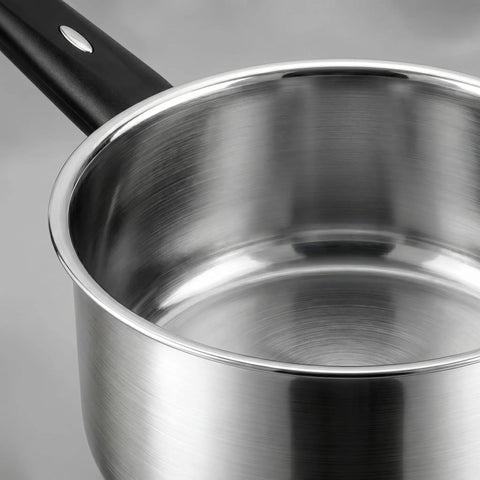 Close-up of Stainless Steel Pots And Pans Set 6 Piece Non Toxic Cookware With Glass Lids, showcasing durable saucepan design.