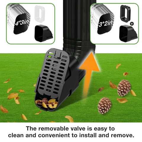 Type B Downspout Extensions for 3x2 and 4x3 with removable gutter cover, leaf guard, and splash guard, installed on grass.