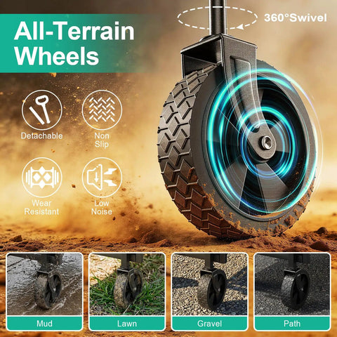 Close-up of all-terrain wheel for Lightweight Folding Wagon Cart With 350 Lb Capacity for outdoor surfaces.