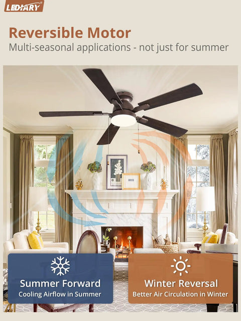 LEDIARY 52inch Ceiling Fans with Light Pull Chain and Remote Control Brown shown in a living room with reversible motor feature.