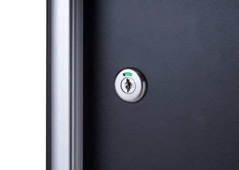 Close-up of lock on 24 Inch Garage Wall Storage Cabinet With Heavy Duty 22 Gauge Steel Wall Mount Design Adjustable Shelf Reversible Door For Tool Storage Cleaning Supplies And Small Gear In Black.