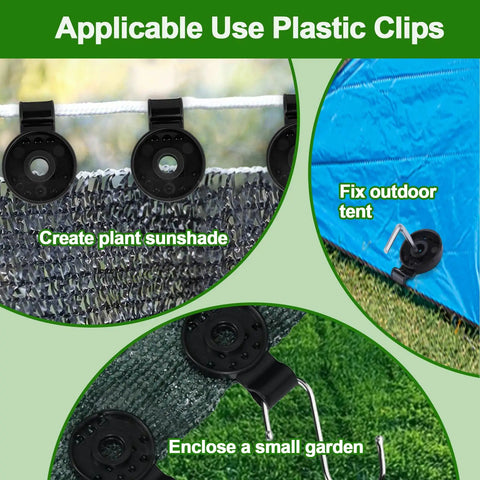 Heavy Duty Windproof Shade Cloth Plastic Clips 50 Pack securing sunshade net, outdoor tent, and small garden enclosure