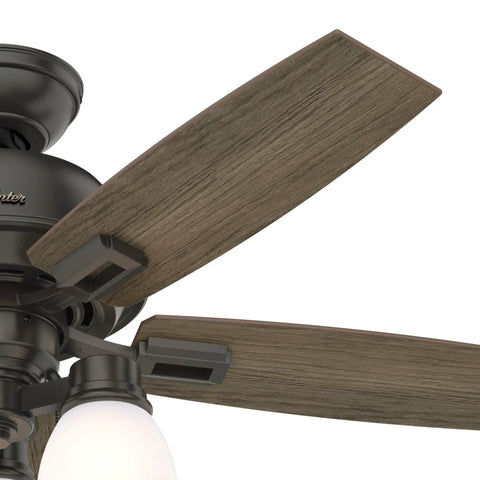 Close-up of Donegan 44 Inch Ceiling Fan in Noble Bronze Finish with Dope Rustic Designer Series Look, showing blades and light kit.
