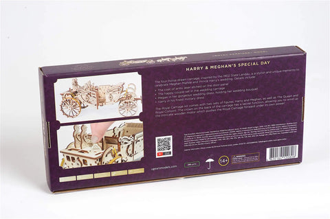 Royal Carriage 3D Wooden Model Kit For Self Assembly box, purple packaging showing wooden carriage model and parts