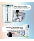Z10 32 Specialties Automatic Coffee Machine Bundle With Glass Milk Container shown with milk system cleaner tabs