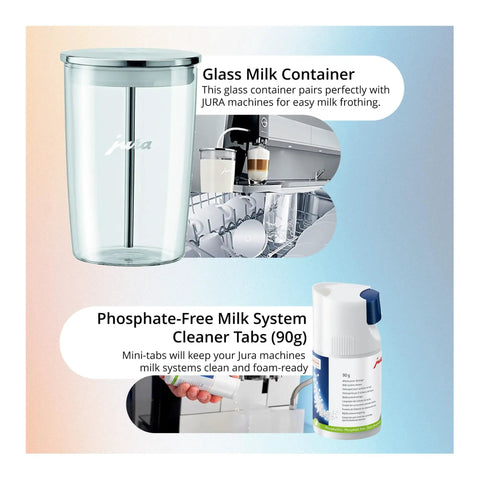 Z10 32 Specialties Automatic Coffee Machine Bundle With Glass Milk Container shown with milk system cleaner tabs