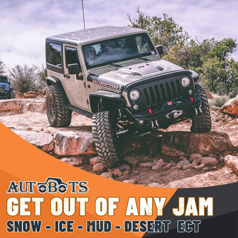 Off-road vehicle on rocky terrain using heavy duty 3/4 inch D ring shackles with 7/8 screw pin and isolator washer kit.