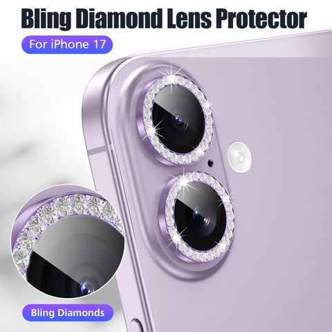 Six Pack Camera Lens Protector Kit For iPhone 17 6.3 Inch With Bling Diamond And Glitter Metal Ring Purple 9H Tempered Glass Shield Delivers Crystal Clear Photos And Zero Obstruction While Sparkling