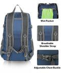 Ultralight 30L Packable Hiking Backpack For Women And Men with wet pocket, breathable straps, and adjustable chest buckle.