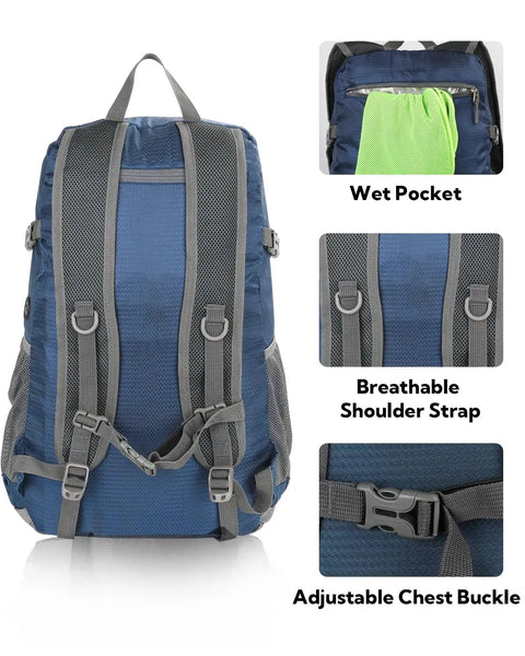Ultralight 30L Packable Hiking Backpack For Women And Men with wet pocket, breathable straps, and adjustable chest buckle.