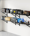 Two Pack 1x6ft Perforated Garage Shelving System With Beefy Duty Wall Shelves 1400 Lbs Total Load 700 Lbs Per Tier Two 1x3 Ft Shelves Per Tier Easy Mount Great For Quick No Nonsense Garage Organization. Black steel wall-mounted shelves holding tools and storage bins