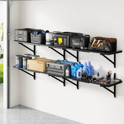 Two Pack 1x6ft Perforated Garage Shelving System With Beefy Duty Wall Shelves 1400 Lbs Total Load 700 Lbs Per Tier Two 1x3 Ft Shelves Per Tier Easy Mount Great For Quick No Nonsense Garage Organization. Black steel wall-mounted shelves holding tools and storage bins