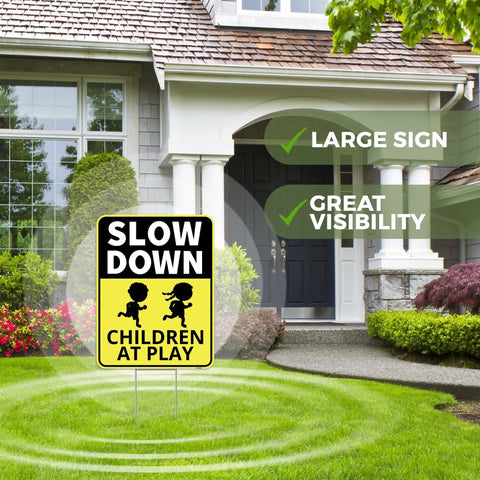 Two Pack Drive Slow Children At Play Safety Signs For Street With Stakes 13 By 17 Inches Double Sided Corrugated Plastic Yard Signs For Traffic Crossing Caution Kids Playing Durable Weather Resistant Outdoor Sign Set installed in front yard
