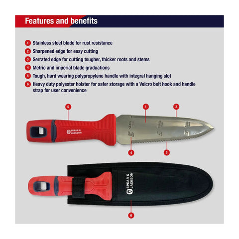 Razorsharp Hori Hori Multi Tool All In One Stainless Steel Blade For Digging Weeding Cutting Planting And Measuring Includes Holster And Belt Loop Serrated And Straight Edges Depth Markings, red handle with holster