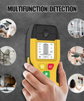 Hand holding Wall Scanner Stud Finder 6-in-1 Metal Detector Auto Shutoff LCD(Yellow) for various detection tasks.