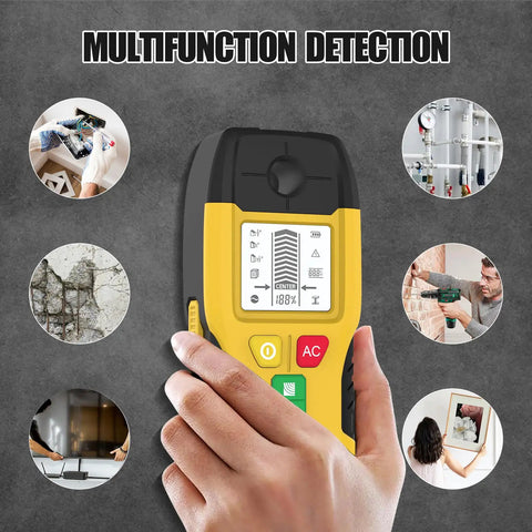 Hand holding Wall Scanner Stud Finder 6-in-1 Metal Detector Auto Shutoff LCD(Yellow) for various detection tasks.