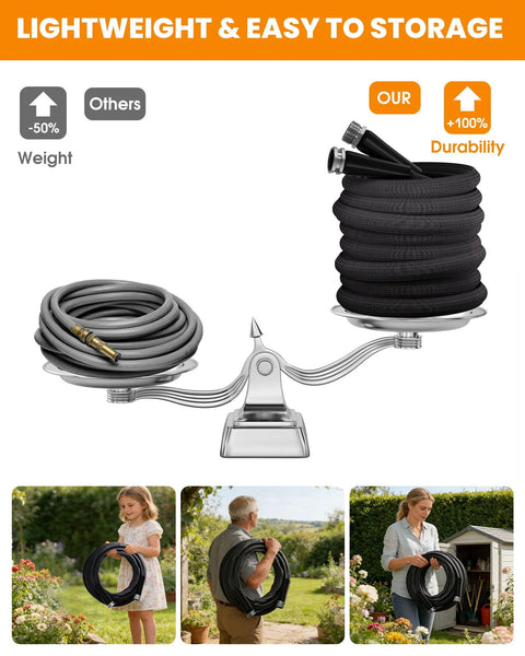 Front view of two 100 ft garden hoses, grey and black, coiled on a chrome balance scale.