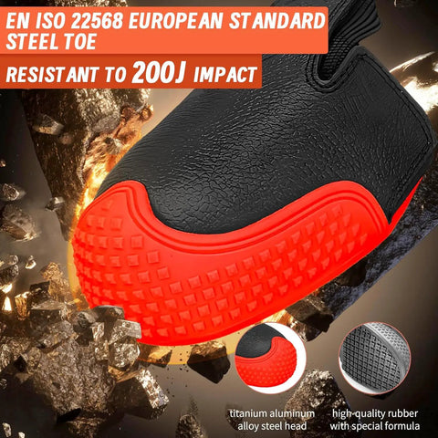 Badass Steel Toe Shoe Covers With Non Slip Oil Resistant Soles And Thick Leather Lining For Heavy Duty Industrial Safety And ASTM EN ISO Certified Impact Shielding On Every Daily Grind close-up of steel toe cover showing durable rubber sole and textured top