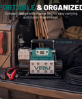 Heavy Duty 12V Rv Air Compressor And Tire Inflator With Auto Shut Off displayed in a truck bed, showcasing digital display and storage bag.