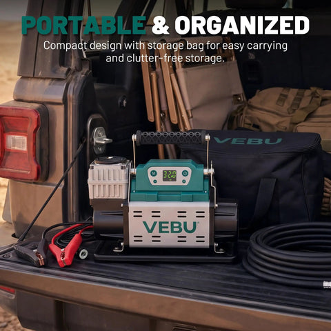 Heavy Duty 12V Rv Air Compressor And Tire Inflator With Auto Shut Off displayed in a truck bed, showcasing digital display and storage bag.
