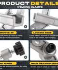 Detailed view of Two Pack Adjustable Tube Clamp With Swing Jaw In Aluminum Alloy Right Angle Clamp For Welding, Woodworking, DIY Projects, Cabinet Making And Assembly Tasks, 10 To 180 Degree Range, Workbench Ready showing groove, locking knob, smooth finish, hexagon socket.