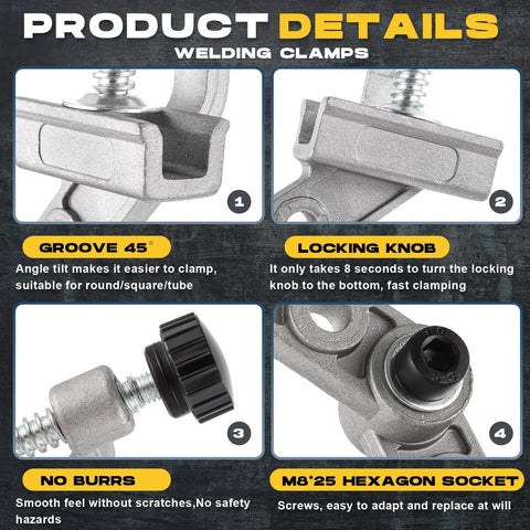 Detailed view of Two Pack Adjustable Tube Clamp With Swing Jaw In Aluminum Alloy Right Angle Clamp For Welding, Woodworking, DIY Projects, Cabinet Making And Assembly Tasks, 10 To 180 Degree Range, Workbench Ready showing groove, locking knob, smooth finish, hexagon socket.