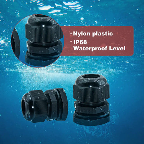 Heavy Duty Waterproof Adjustable Cable Gland Set 1/2 to 5/8 Inch 12-16mm PG19 shown underwater highlighting nylon material and IP68 waterproof level.