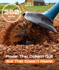 Cordless Tiller Cultivator For Gardening, 20V With Dual 4Ah Batteries, showing 9-inch tilling depth in action on soil.