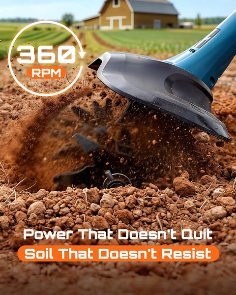 Cordless Tiller Cultivator For Gardening, 20V With Dual 4Ah Batteries, showing 9-inch tilling depth in action on soil.