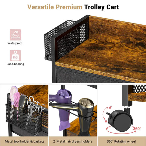 Mobile Salon Trolley Cart On Wheels For Hair Stylists With Metal Tool Holder And Basket Rolling Barber Table With Fabric Drawer