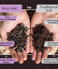 Comparison of Orchid Potting Mix With Superior Aeration And Drainage For Thriving Orchids Peat Free Microbially Active Biochar Powered Soil and traditional soil with labels highlighting differences.