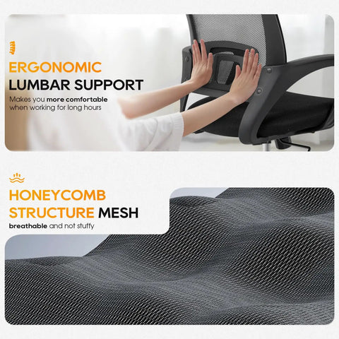 Ergonomic Office Chair With Breathable Mesh Back And Lumbar Support showing lumbar feature and close-up of mesh texture.