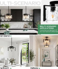 Kickass 14 Inch Three Light Black Chandelier Smooth 2 In 1 Convertible Pendant And Flush Mount With Textured Drum Glass Top Shelf in kitchen island, living room, and hallway.
