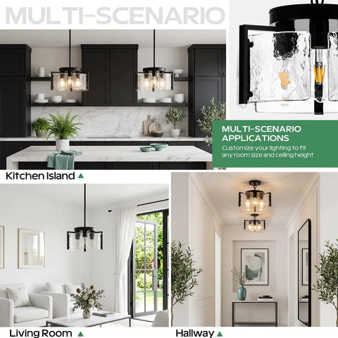 Kickass 14 Inch Three Light Black Chandelier Smooth 2 In 1 Convertible Pendant And Flush Mount With Textured Drum Glass Top Shelf in kitchen island, living room, and hallway.