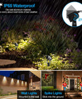 6 Pack Outdoor Landscape Lighting Kit with 1800 Lumens illuminating a garden in rain, featuring IP65 waterproof uplights for trees and pathways