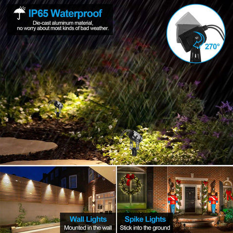 6 Pack Outdoor Landscape Lighting Kit with 1800 Lumens illuminating a garden in rain, featuring IP65 waterproof uplights for trees and pathways