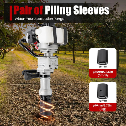 32.7cc Gas Powered T Post Driver With Conversion Head And Chisel for fence posts, shown with 55mm and 70mm piling sleeves