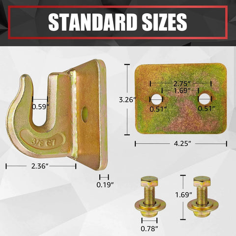 Two Pack Grade 70 Forged Steel Three Eighths Inch Tractor Bucket Grab Hooks With Backer Plate And Mounting Hardware dimensions