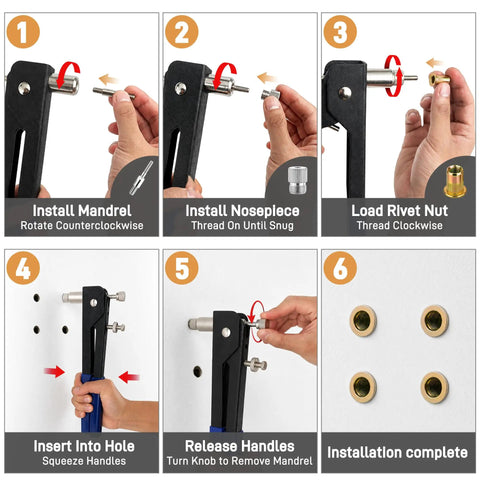 Step-by-step guide using Rivet Nut Tool Kit With 490Pcs Metric Rivnuts Set Hand Setter And 10 Mandrels for installation.
