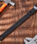 Heavy Duty Zinc Strap Hinges 16 Inch For Gate And Barn Tool Shed Door Black Finish Four Pack on a wooden surface with tools.