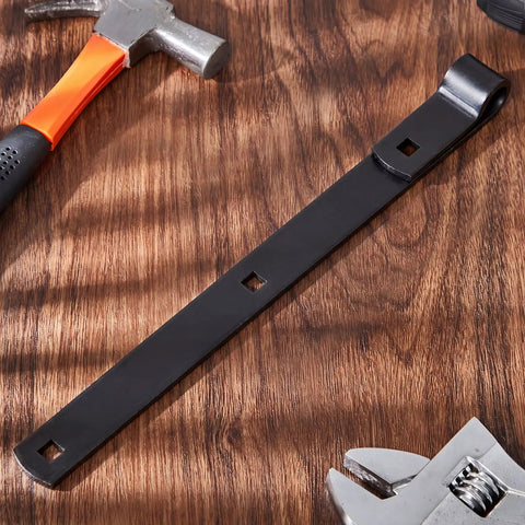 Heavy Duty Zinc Strap Hinges 16 Inch For Gate And Barn Tool Shed Door Black Finish Four Pack on a wooden surface with tools.
