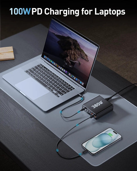 380W USB C Charging Station 8 Port Hub with laptop and phone charging on desk, dual 100W USB C PD visible.