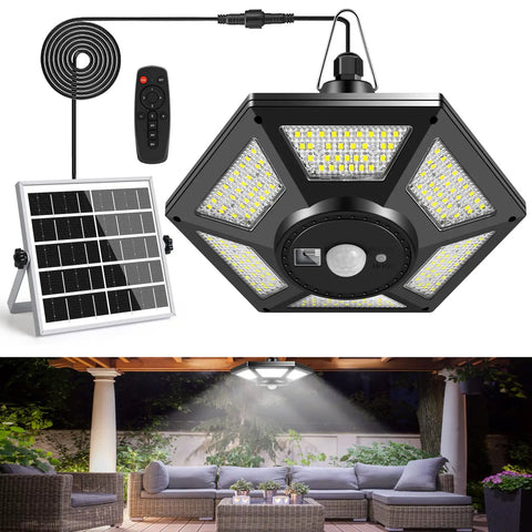 Solar Shed Light Outdoor Pendant With 180 LED 1000 Lumen Brightness Motion Sensor And Remote Control shown in patio setting.